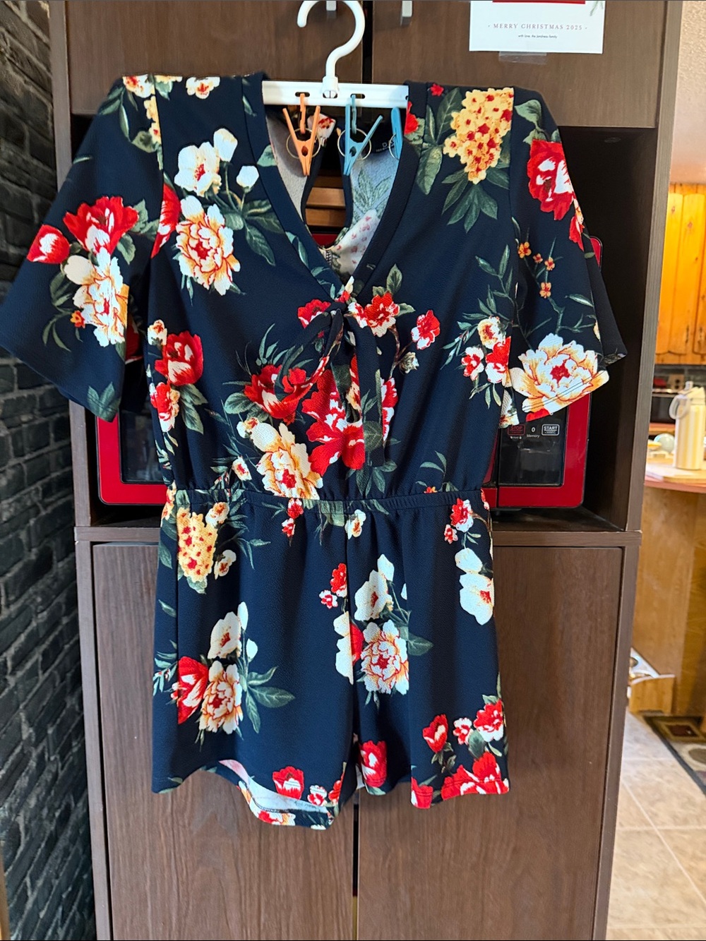 Damo Floral Tie-Front Camisole Romper - Navy with Red & Cream Flowers in size sm